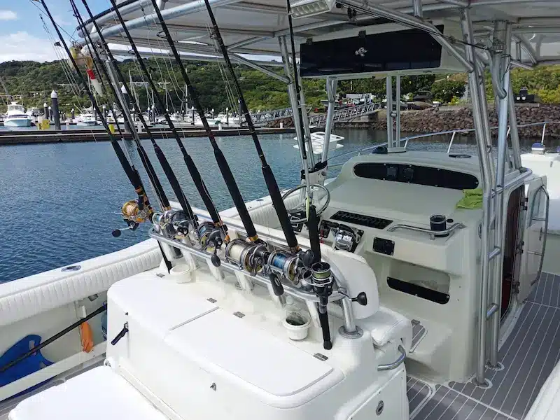 patron-boat-30ft Fishing reels onboard of the Patron boat in Gulf Papagayo